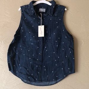 NWT Denim Button Up Sleeveless, Navy Blue with Stars in Medium 100% Cotton